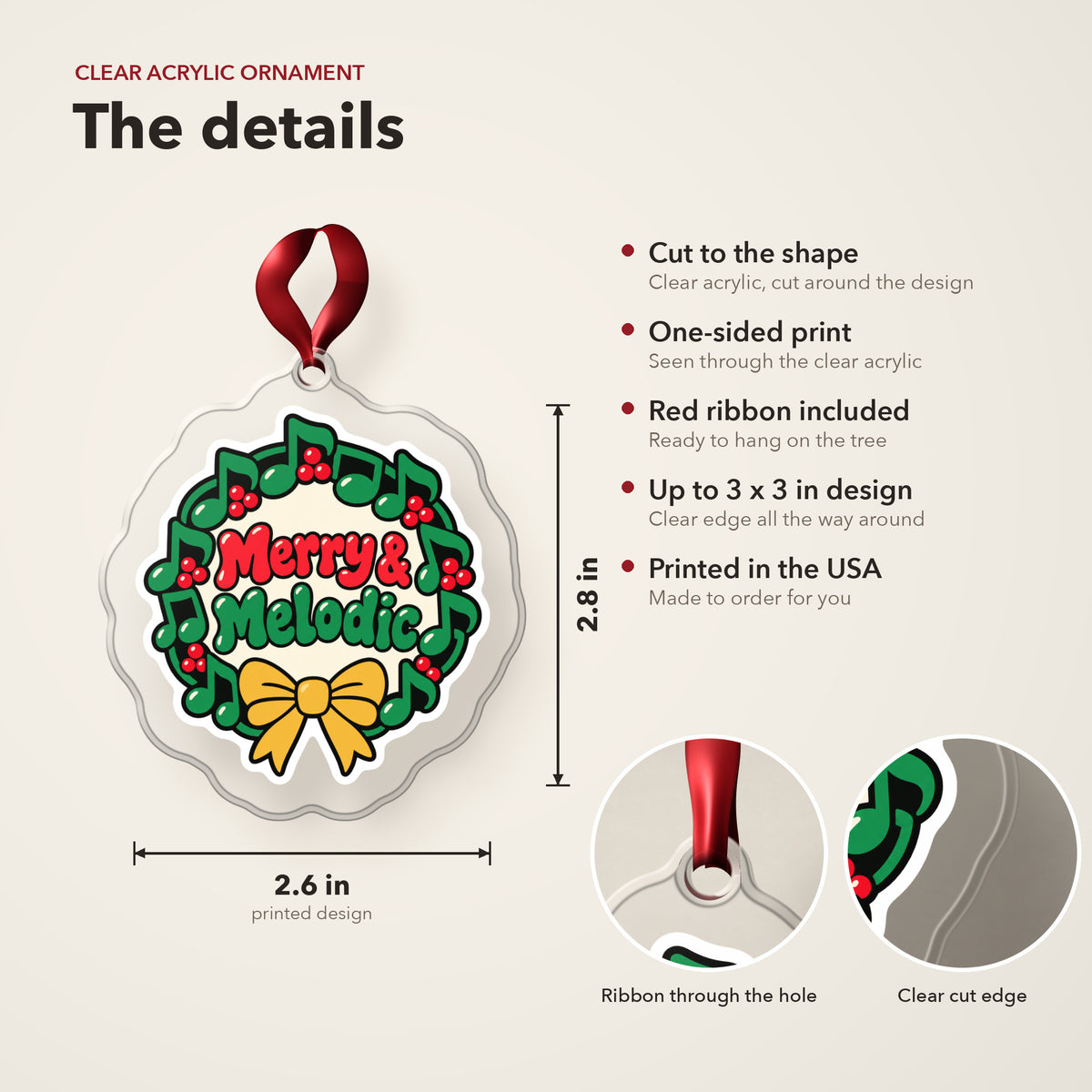 Merry & Melodic Music Note Wreath clear acrylic Christmas ornament details card: size, clear acrylic, ribbon included, printed in the USA