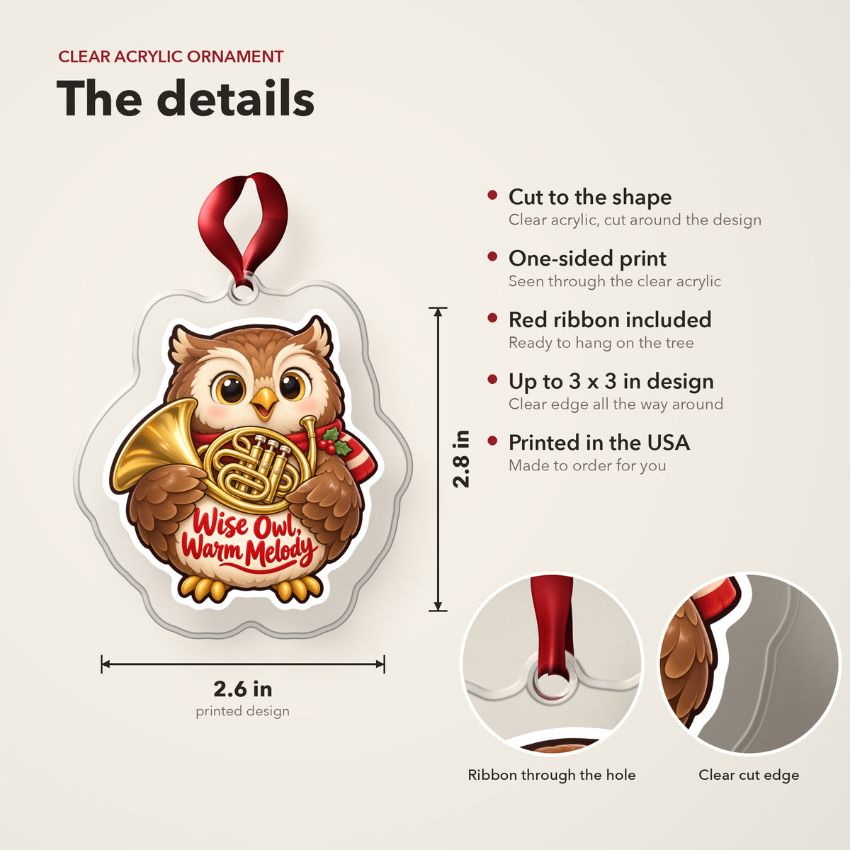 Wise Owl, Warm Melody French Horn clear acrylic Christmas ornament details card: size, clear acrylic, ribbon included, printed in the USA