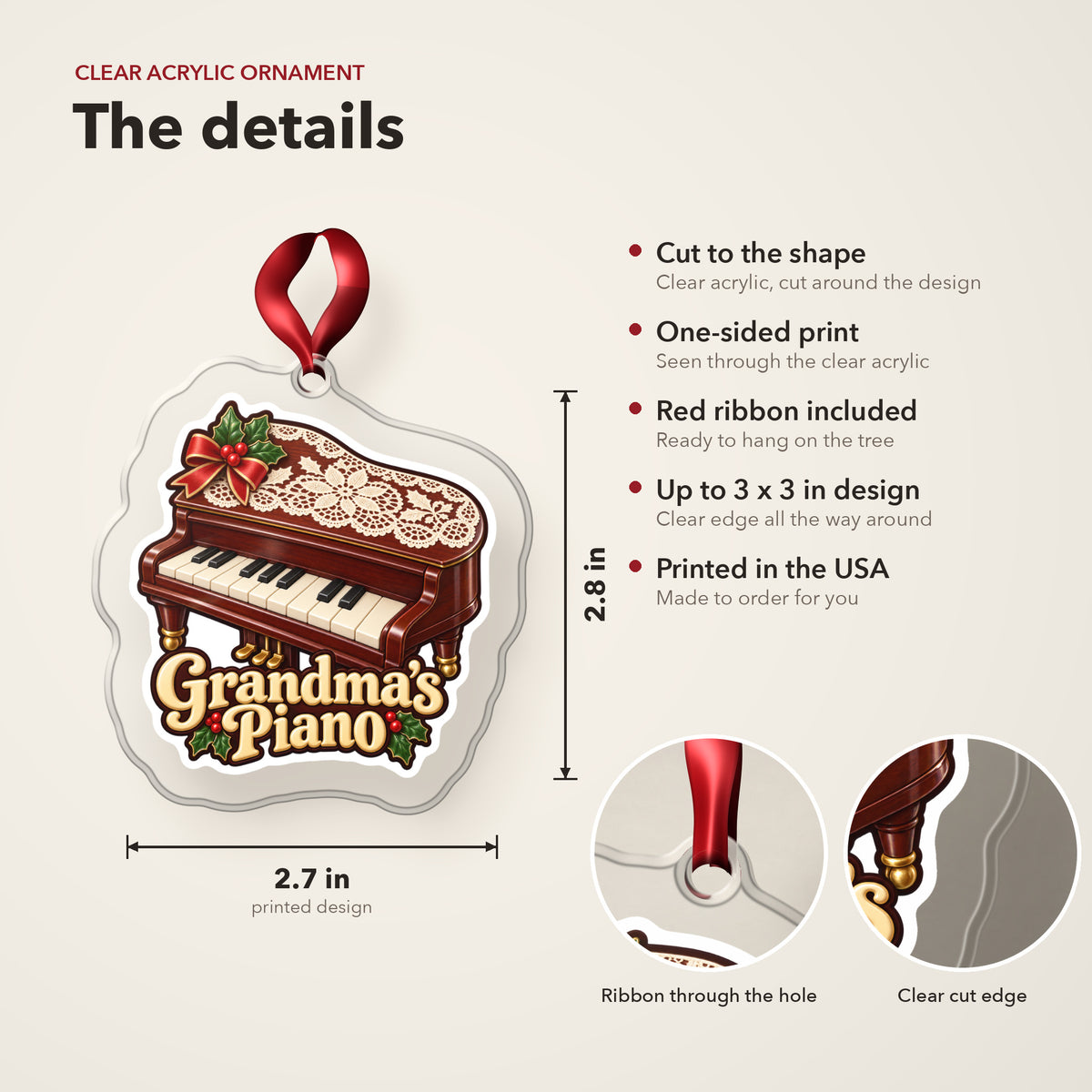 Grandma's Piano clear acrylic Christmas ornament details card: size, clear acrylic, ribbon included, printed in the USA