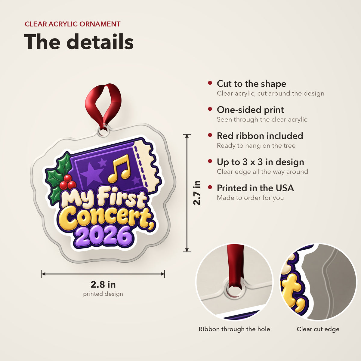 My First Concert 2026 Ticket clear acrylic Christmas ornament details card: size, clear acrylic, ribbon included, printed in the USA