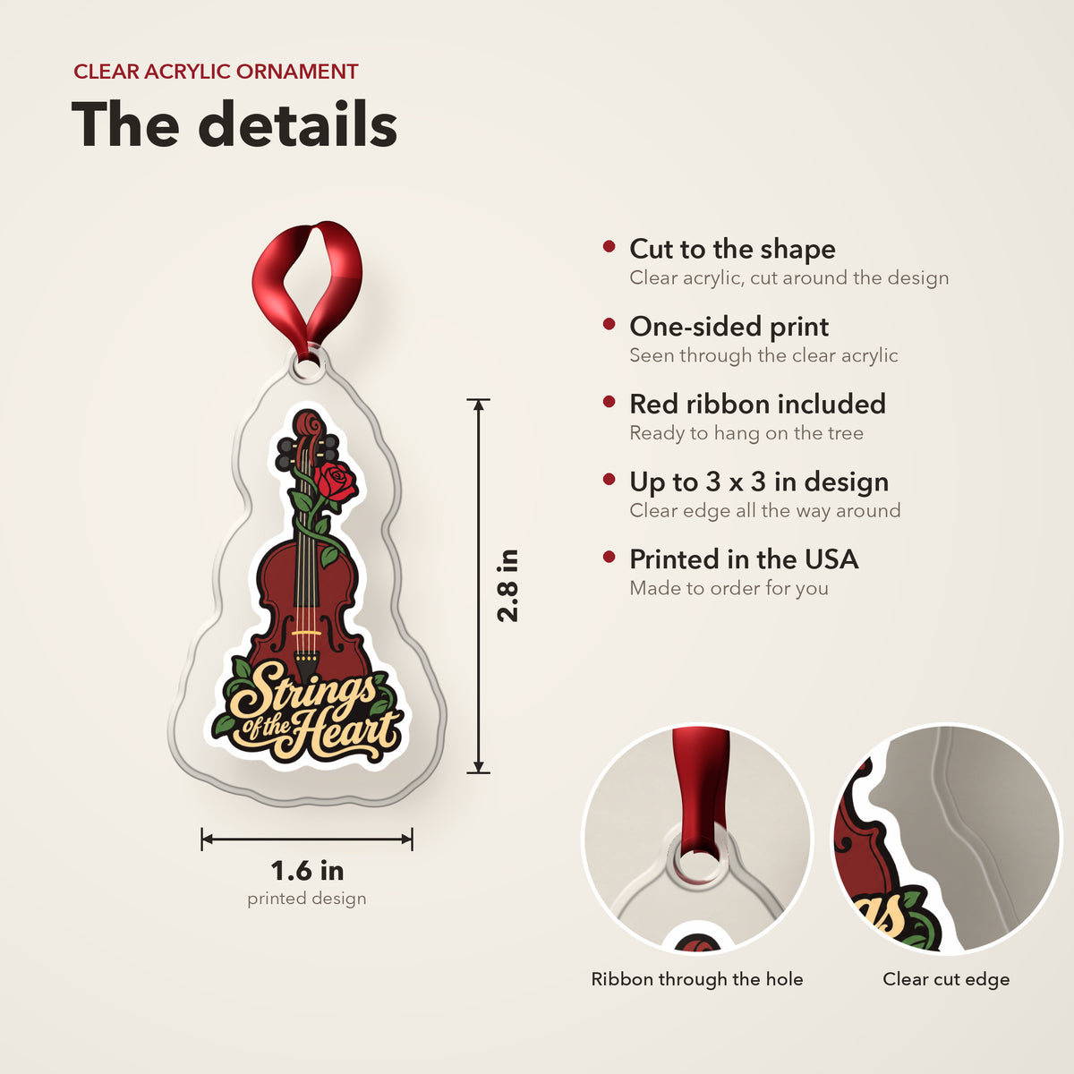 Strings of the Heart Violin clear acrylic Christmas ornament details card: size, clear acrylic, ribbon included, printed in the USA