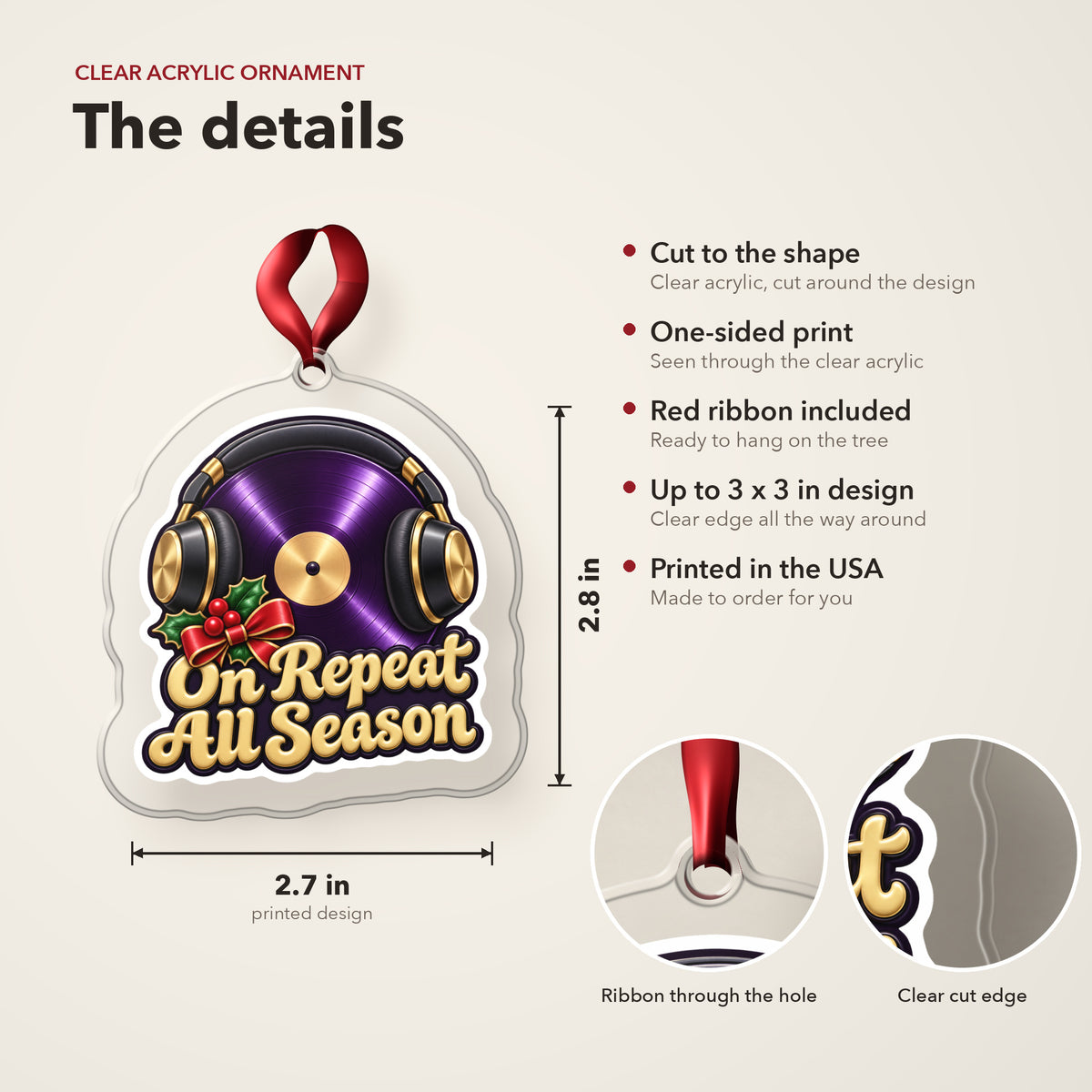 On Repeat Vinyl and Headphones clear acrylic Christmas ornament details card: size, clear acrylic, ribbon included, printed in the USA