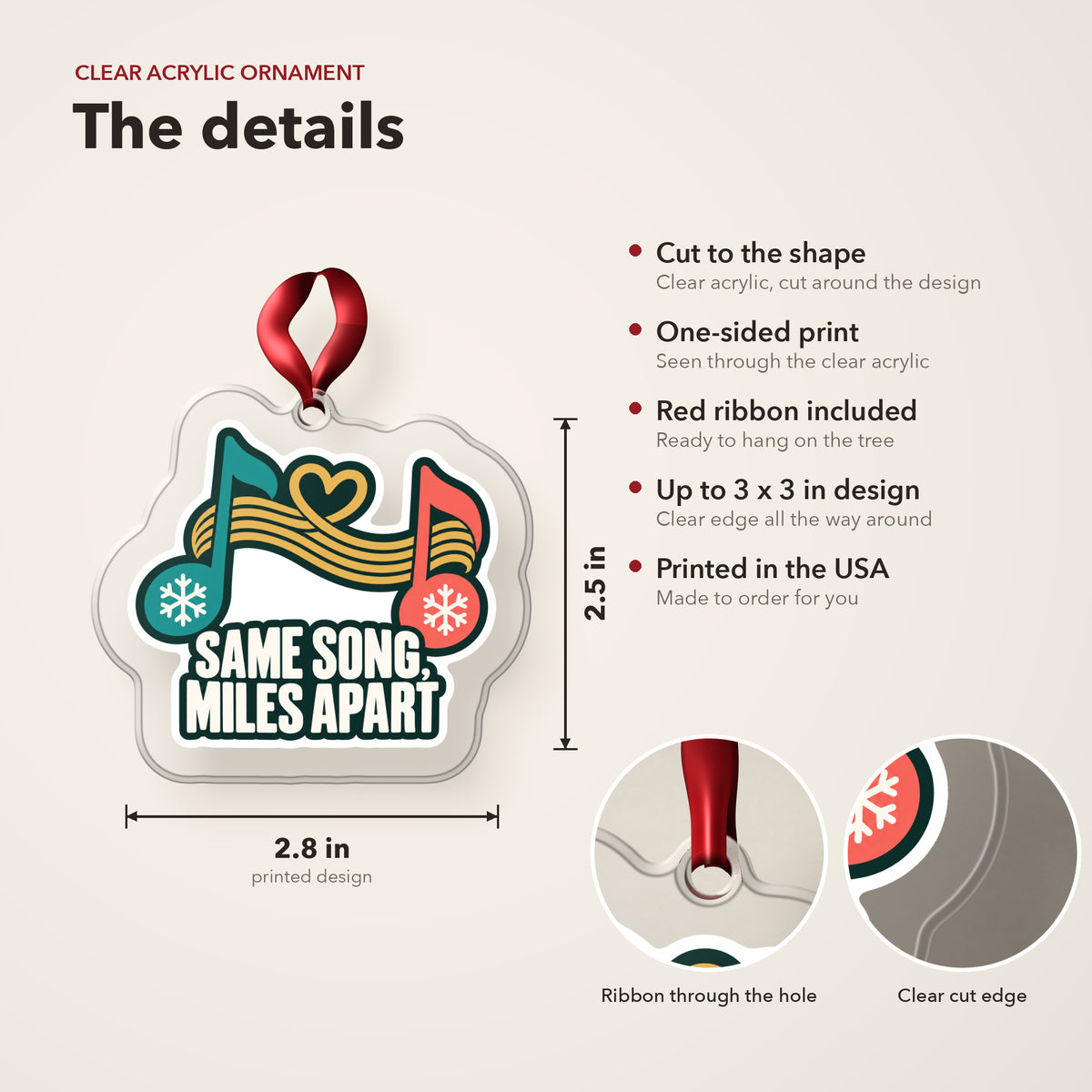 Same Song, Miles Apart Long Distance clear acrylic Christmas ornament details card: size, clear acrylic, ribbon included, printed in the USA