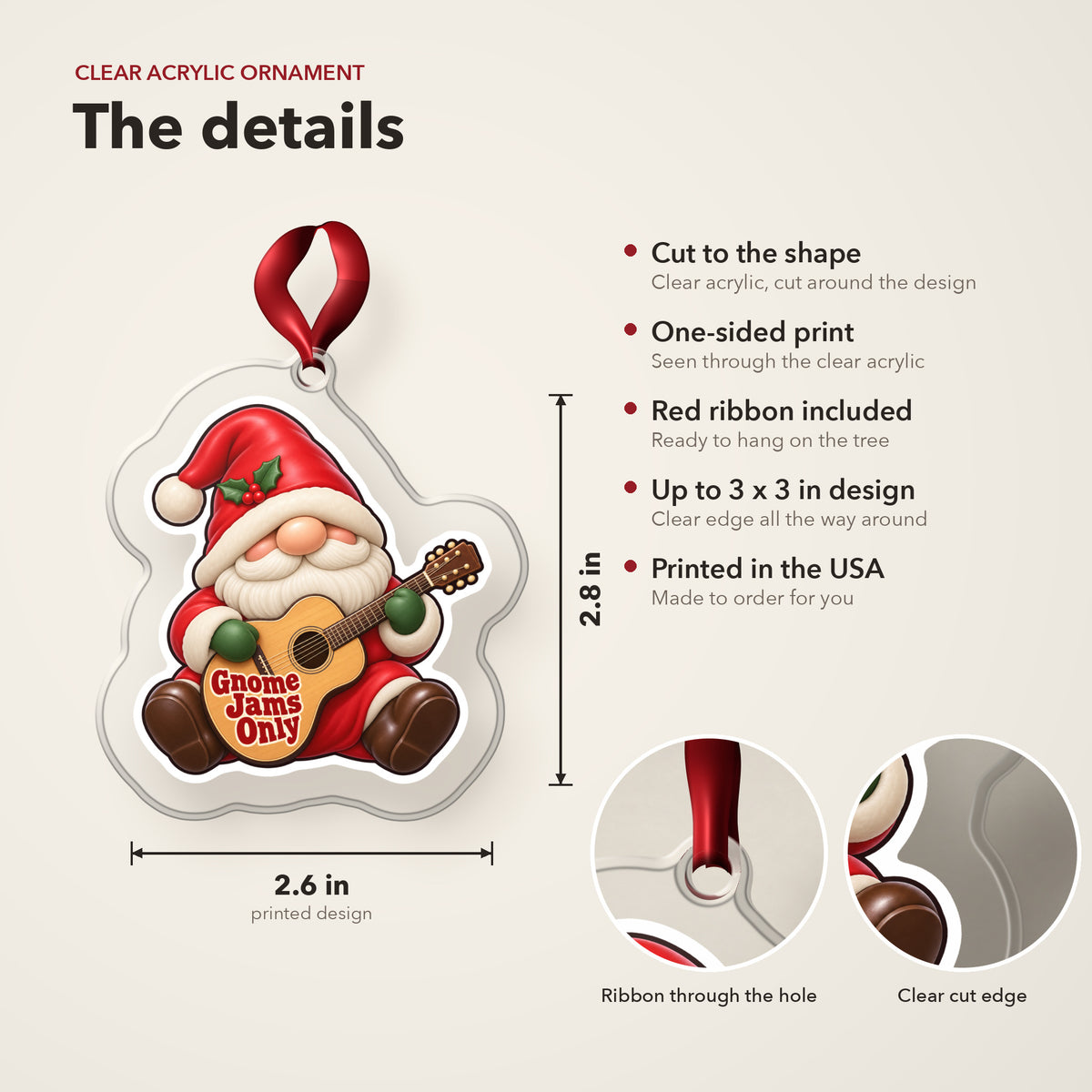 Gnome Jams Only Guitar Gnome clear acrylic Christmas ornament details card: size, clear acrylic, ribbon included, printed in the USA
