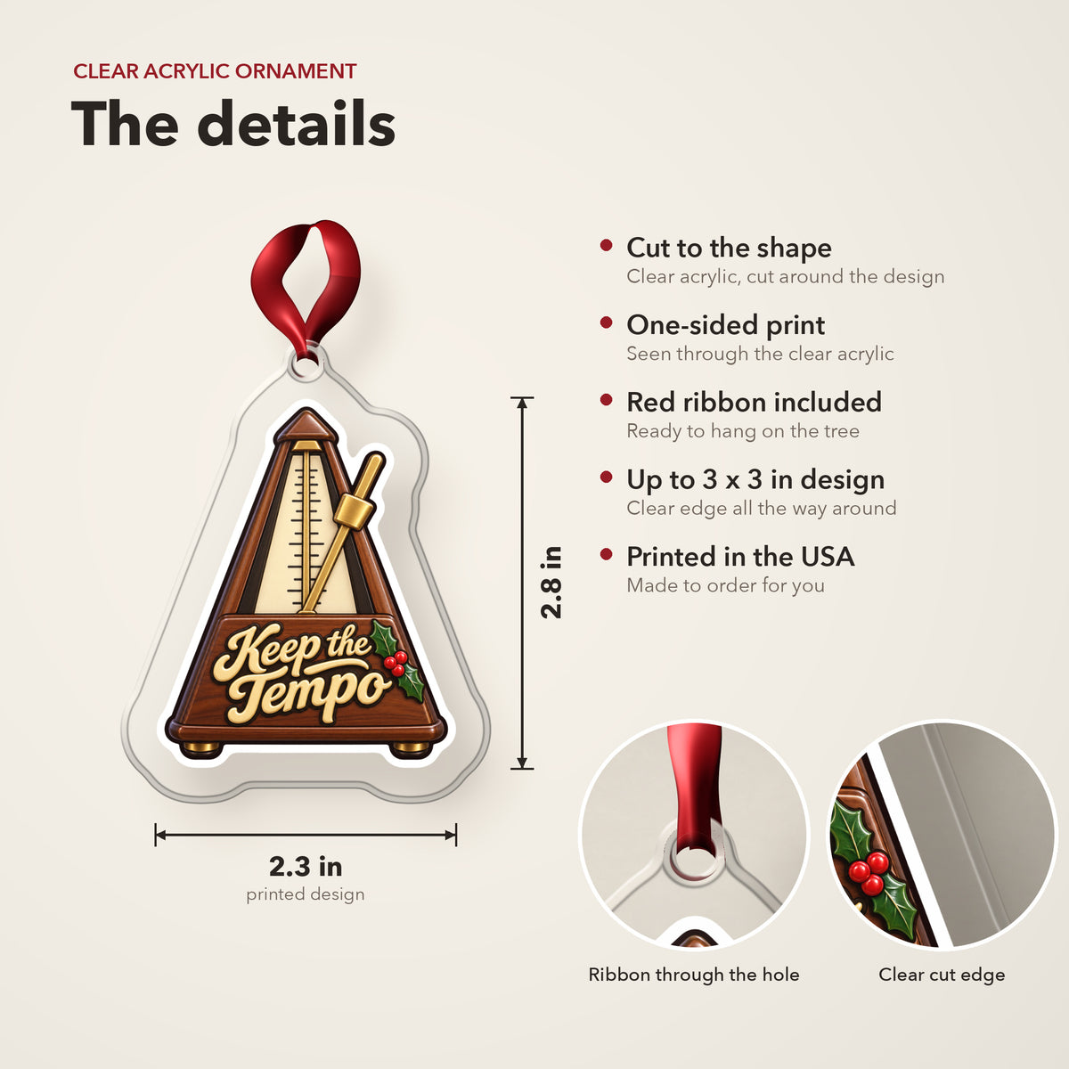 Keep the Tempo Metronome clear acrylic Christmas ornament details card: size, clear acrylic, ribbon included, printed in the USA