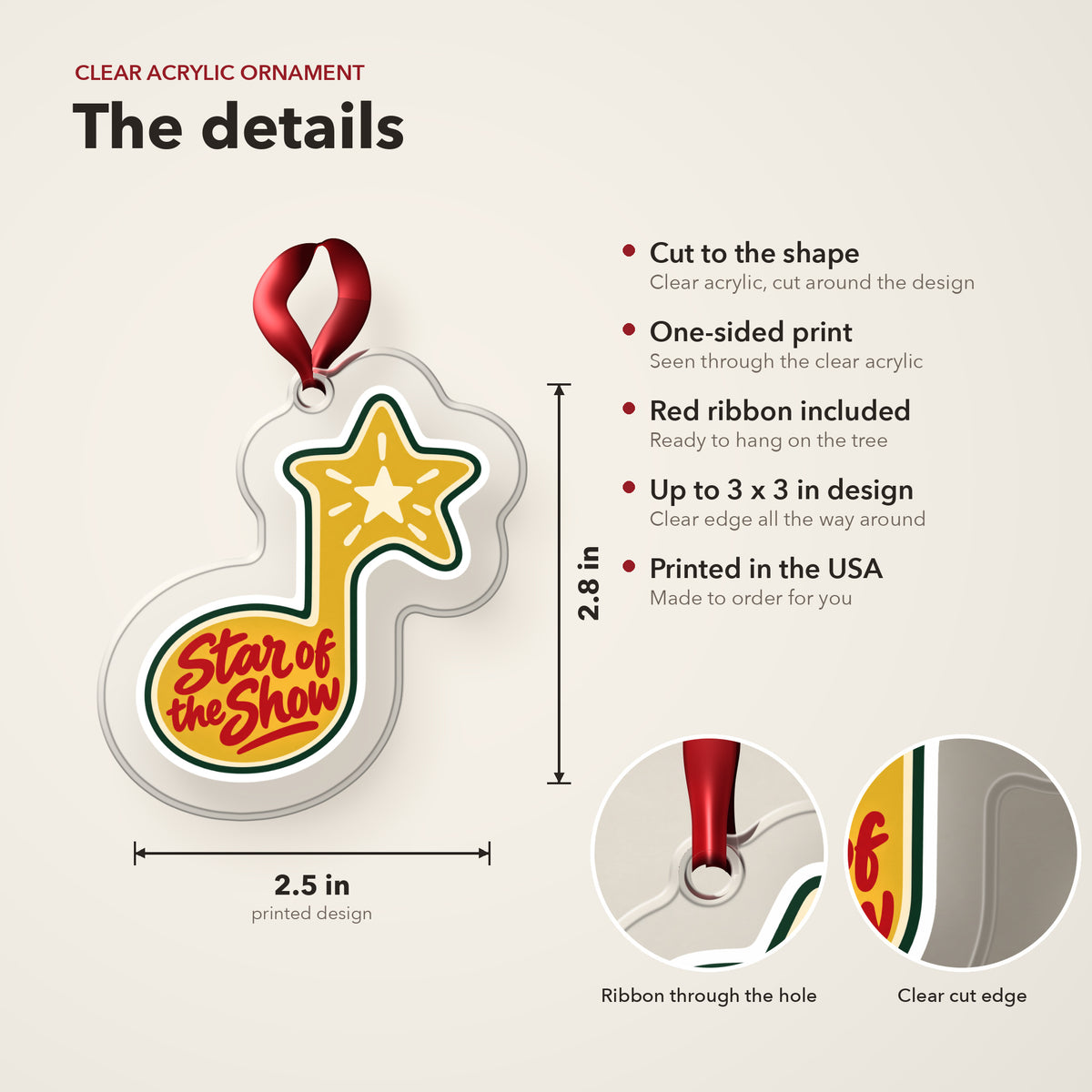 Star of the Show Music Note clear acrylic Christmas ornament details card: size, clear acrylic, ribbon included, printed in the USA