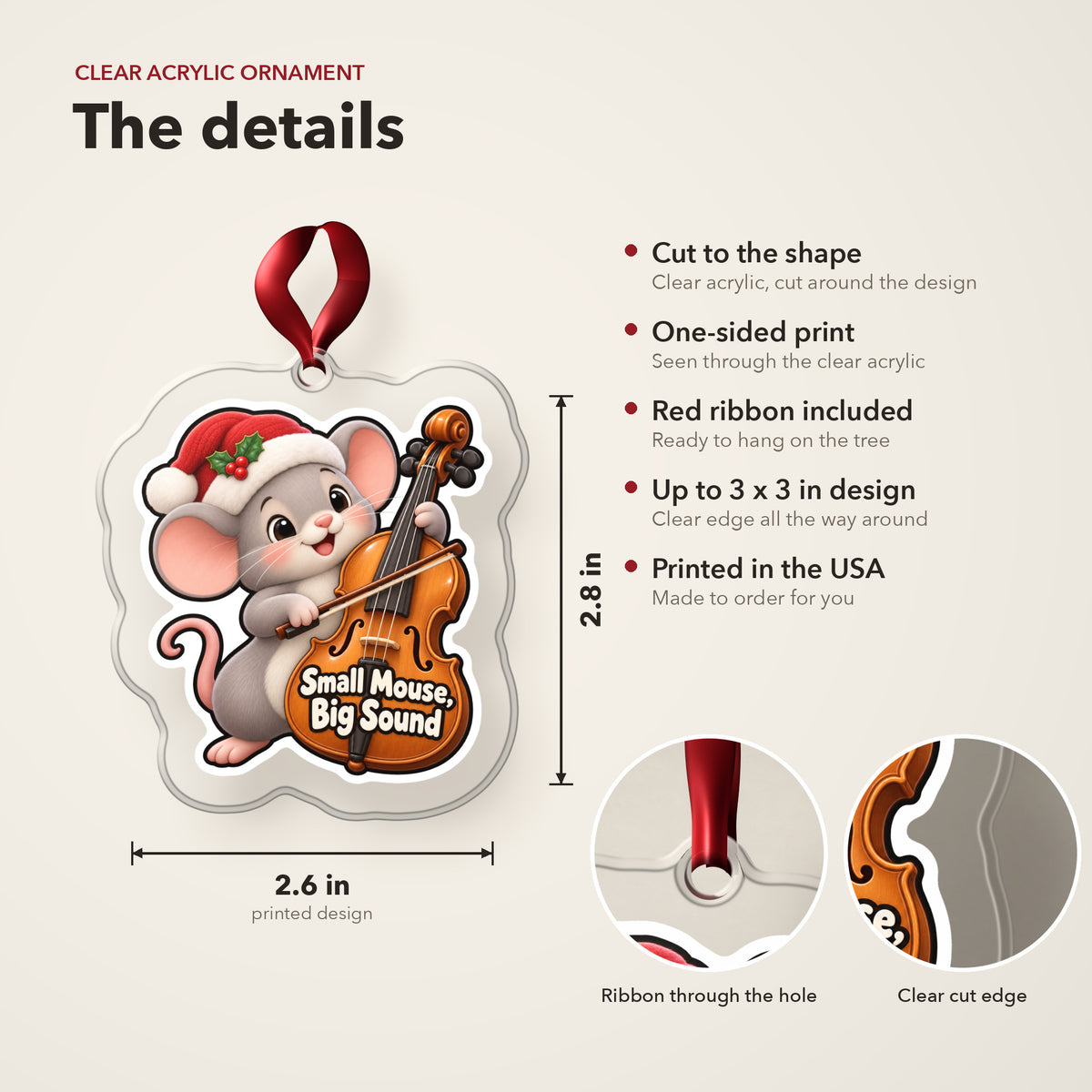 Small Mouse, Big Sound Cello clear acrylic Christmas ornament details card: size, clear acrylic, ribbon included, printed in the USA