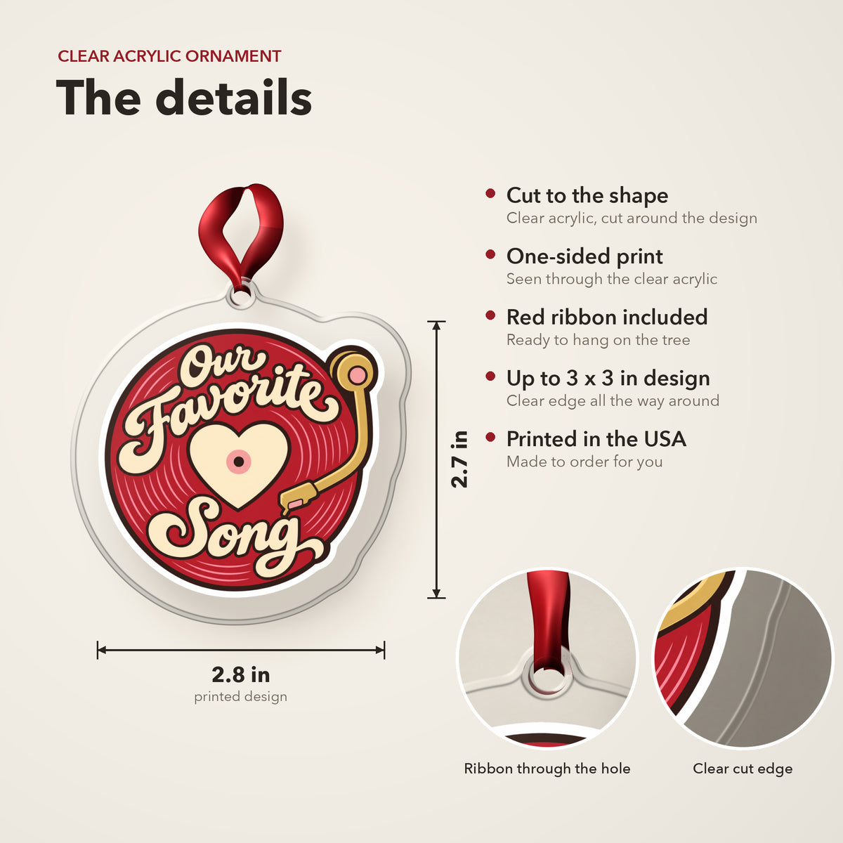 Our Favorite Song Vinyl Record clear acrylic Christmas ornament details card: size, clear acrylic, ribbon included, printed in the USA