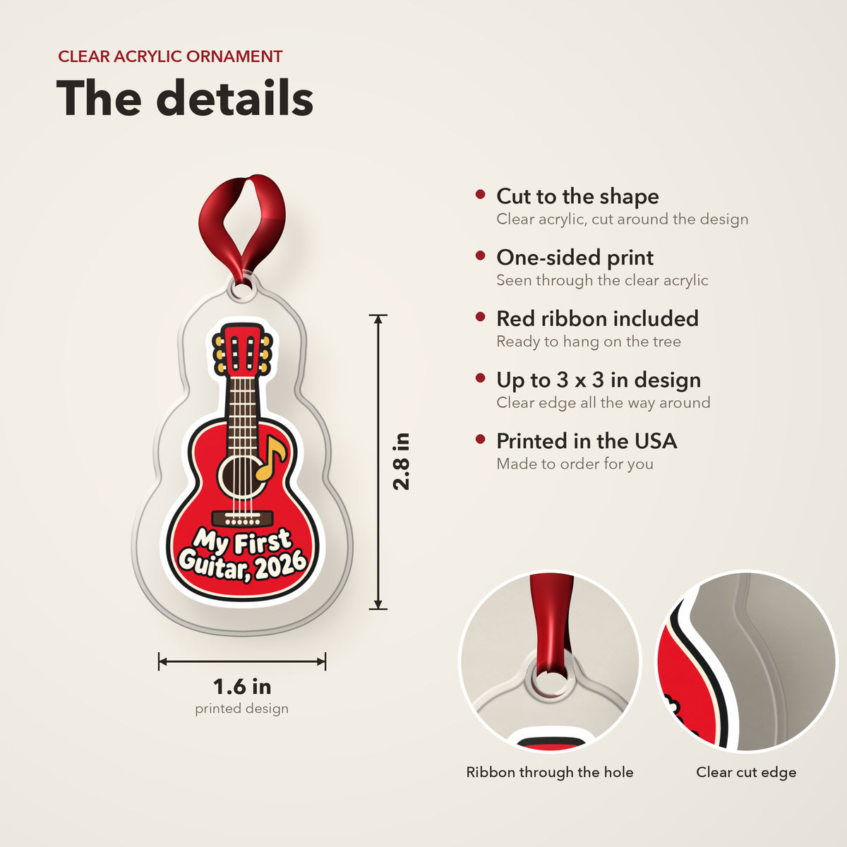 My First Guitar 2026 clear acrylic Christmas ornament details card: size, clear acrylic, ribbon included, printed in the USA