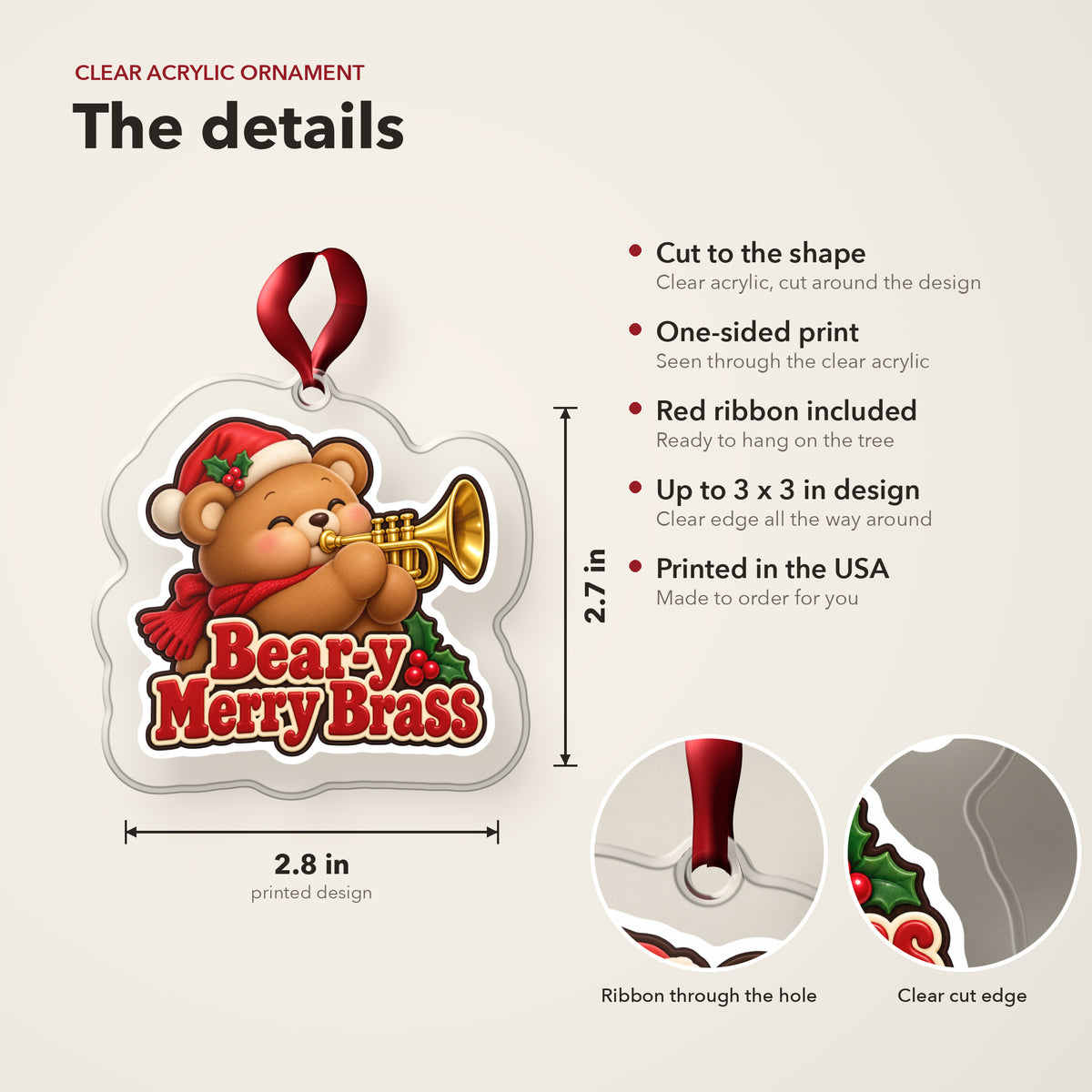 Bear-y Merry Brass Teddy Bear Trumpet clear acrylic Christmas ornament details card: size, clear acrylic, ribbon included, printed in the USA