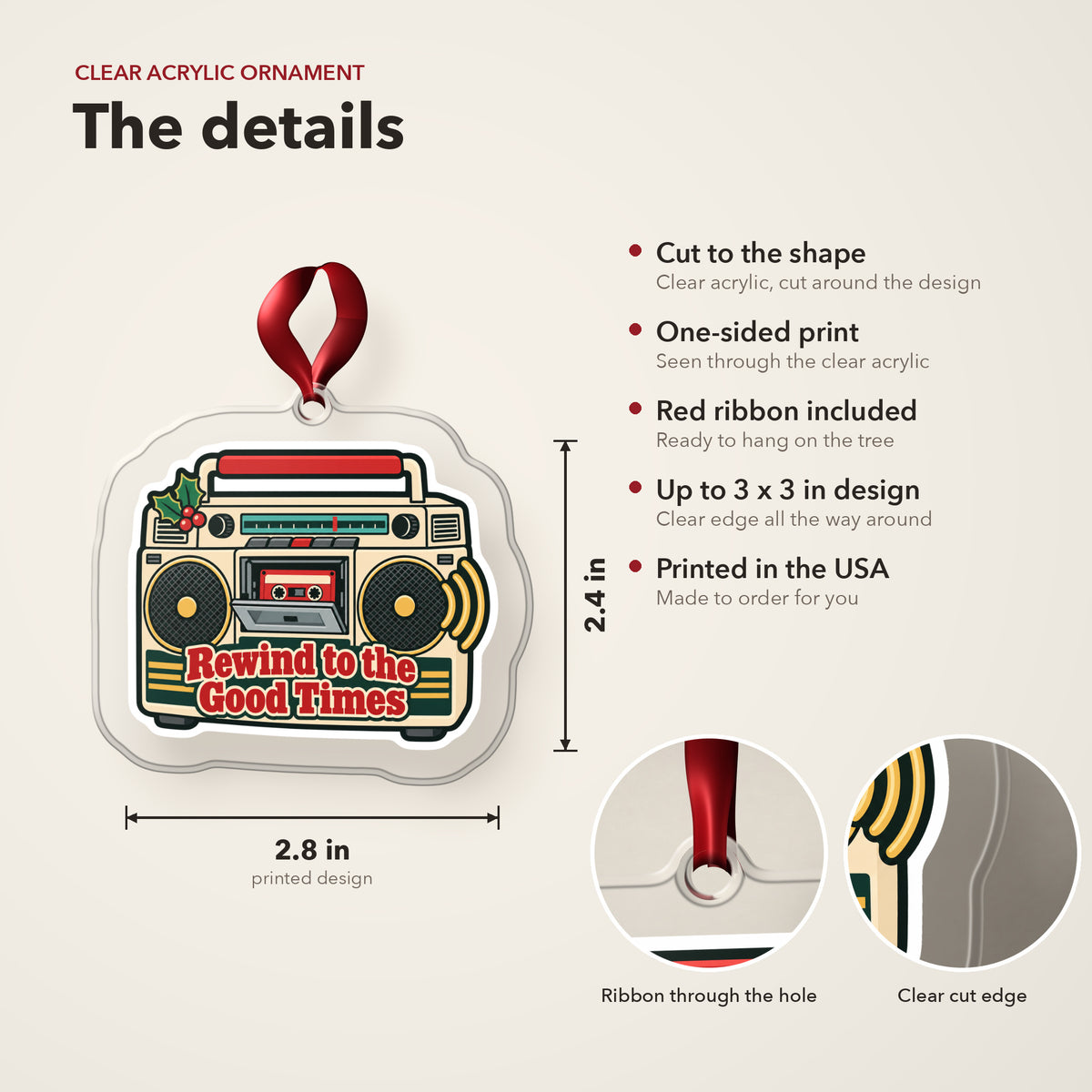 Rewind to the Good Times Boombox clear acrylic Christmas ornament details card: size, clear acrylic, ribbon included, printed in the USA