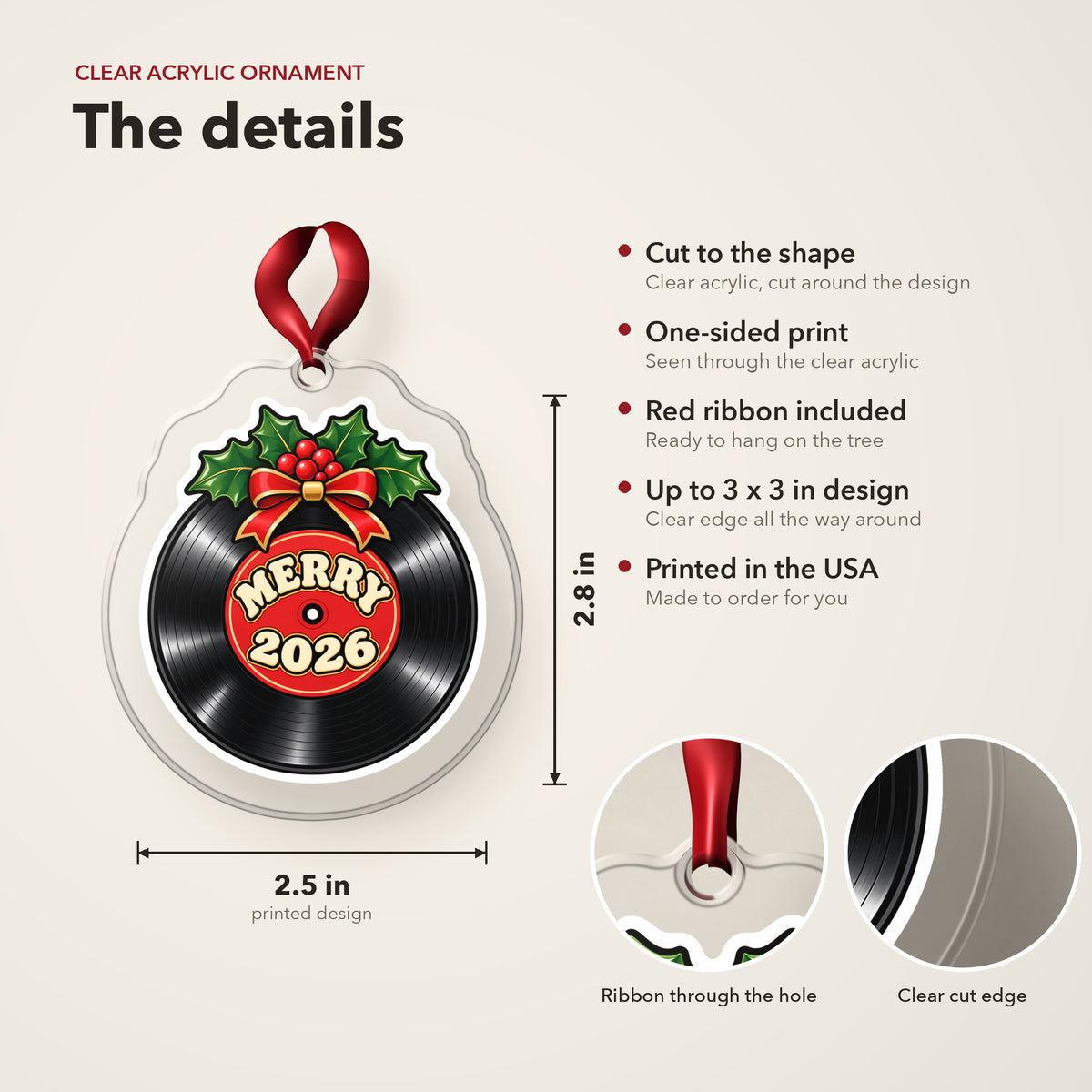 Merry 2026 Vinyl Record clear acrylic Christmas ornament details card: size, clear acrylic, ribbon included, printed in the USA