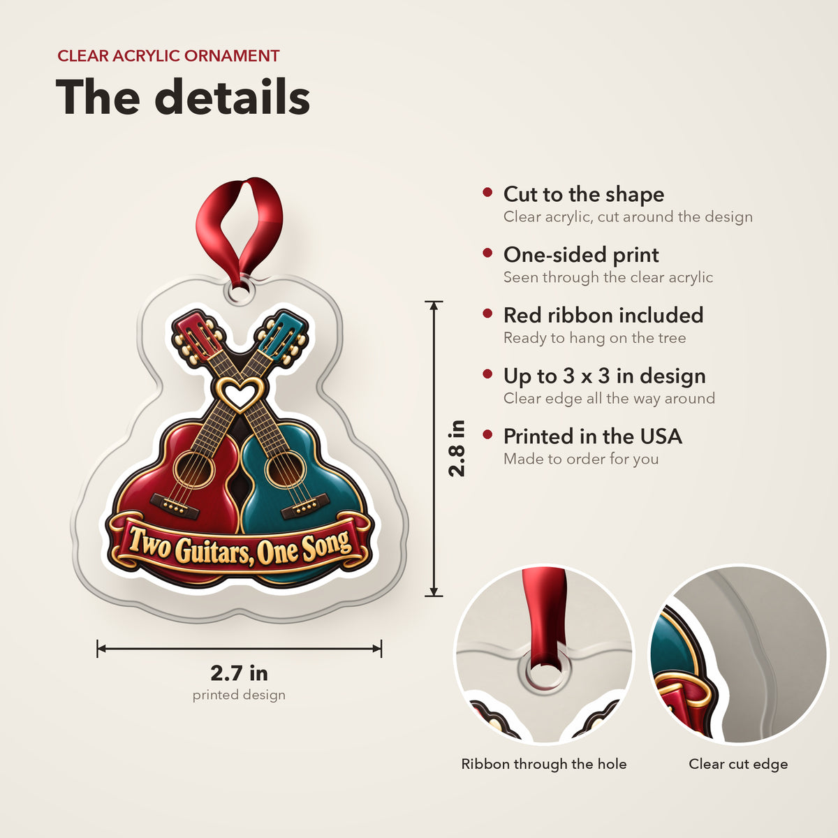 Two Guitars, One Song Couples clear acrylic Christmas ornament details card: size, clear acrylic, ribbon included, printed in the USA