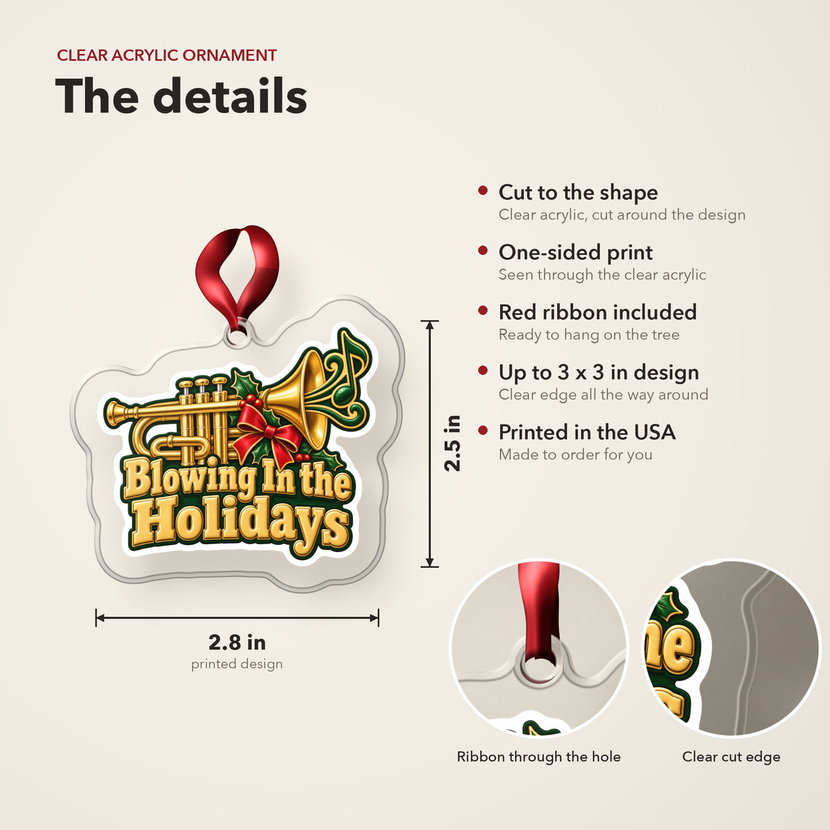 Blowing In the Holidays Trumpet clear acrylic Christmas ornament details card: size, clear acrylic, ribbon included, printed in the USA