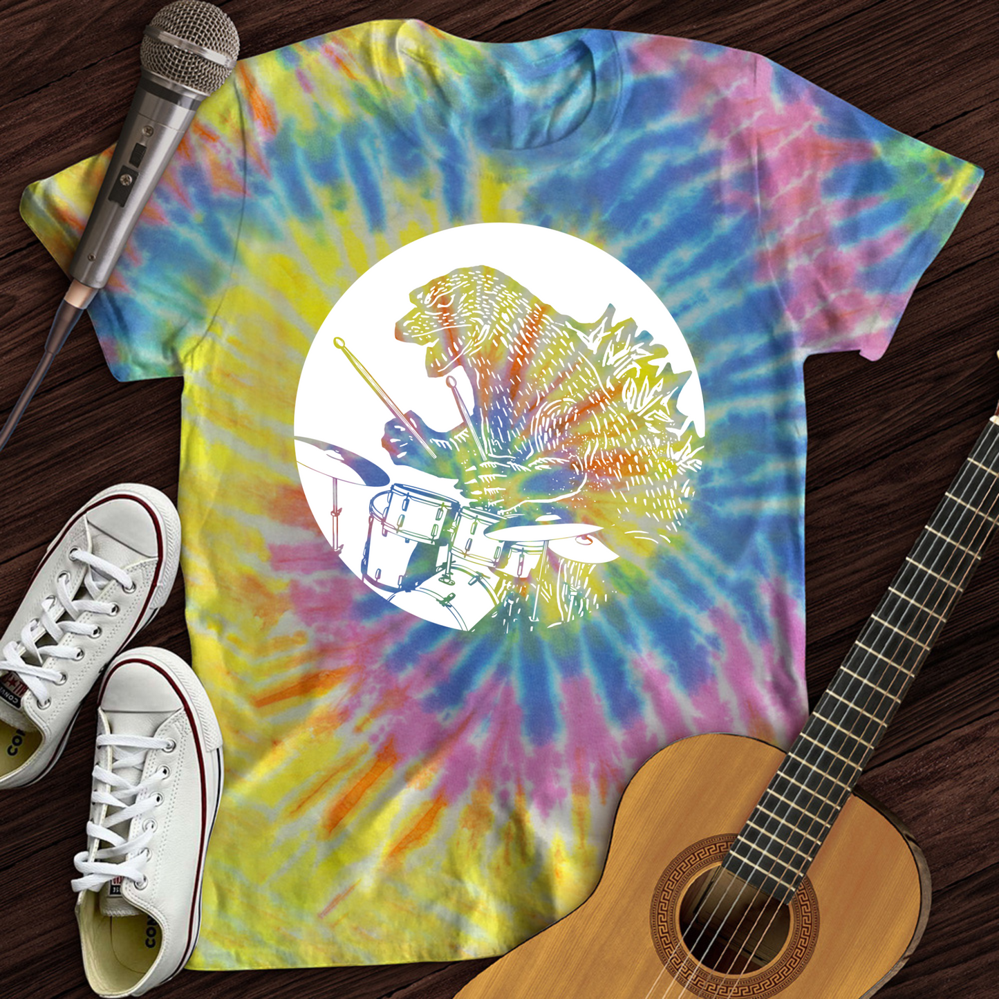 Dino Playing Drums Tie Dye T-Shirt