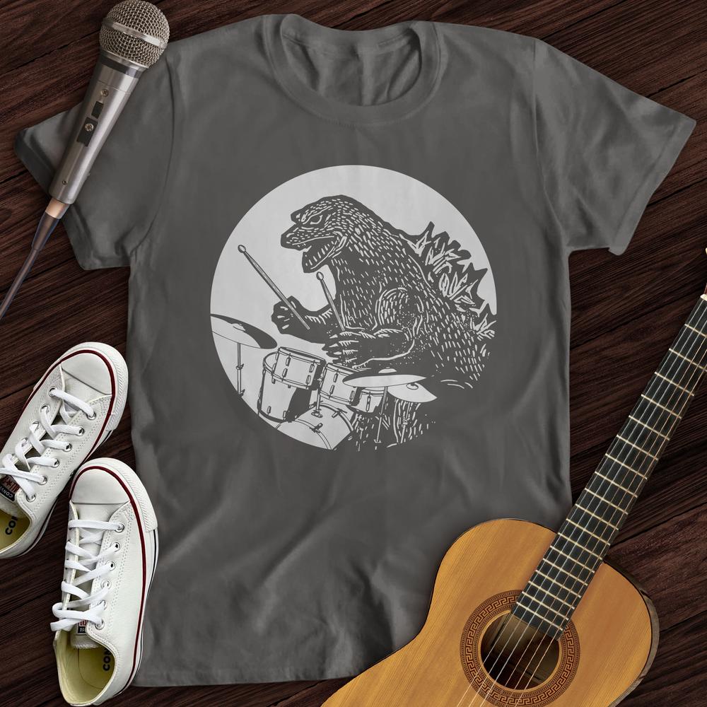 Printify T-Shirt Charcoal / S Dino Playing Drums T-Shirt