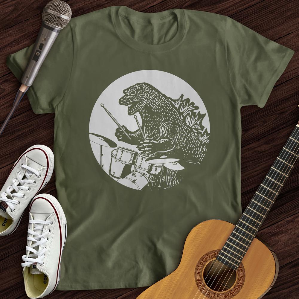 Printify T-Shirt Military Green / S Dino Playing Drums T-Shirt