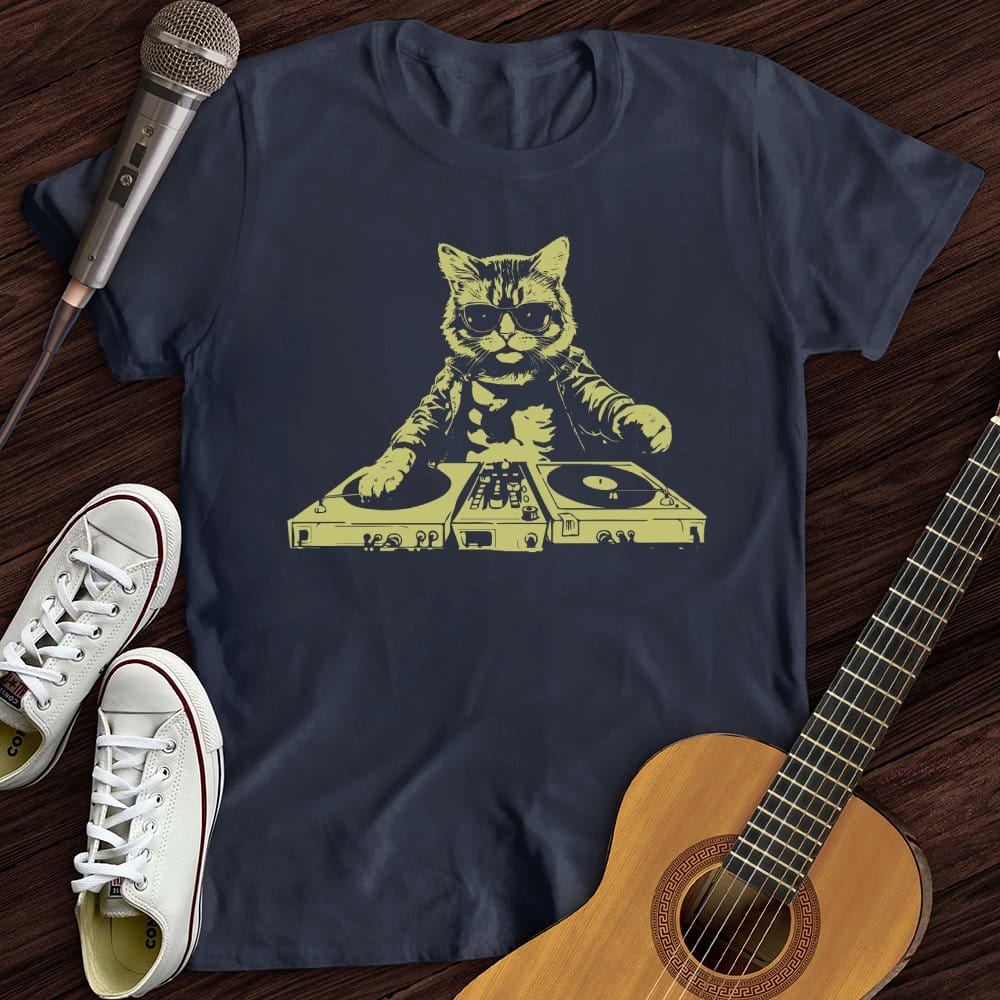 Printify T-Shirt Navy / S Cat DJ T-Shirt