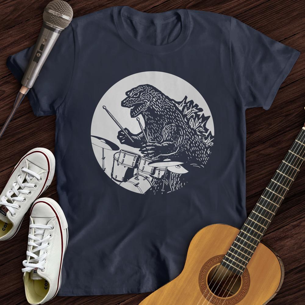 Printify T-Shirt Navy / S Dino Playing Drums T-Shirt