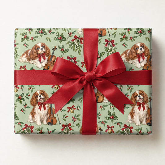 Cavalier Violin Christmas Wrapping Paper, a gift box wrapped in it and tied with a satin ribbon