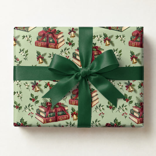 Carol Book Stack Wrapping Paper, a gift box wrapped in it and tied with a satin ribbon