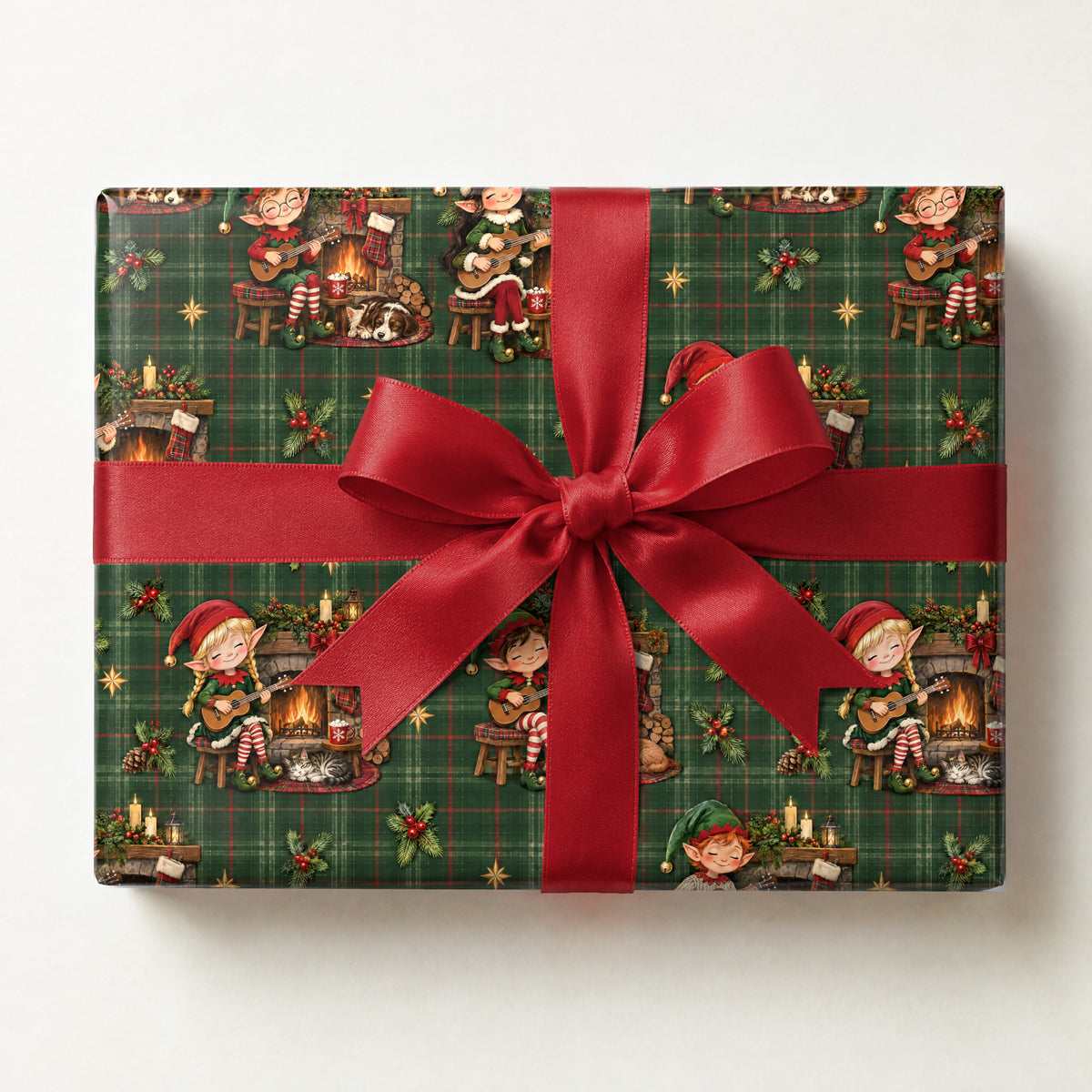 Elf Ukulele Cabin Wrapping Paper, a gift box wrapped in it and tied with a satin ribbon