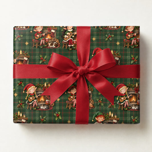 Elf Ukulele Cabin Wrapping Paper, a gift box wrapped in it and tied with a satin ribbon