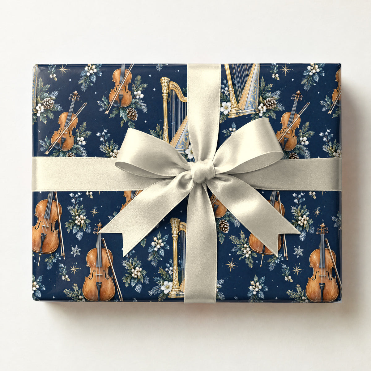 Symphony Under Snow Wrapping Paper, a gift box wrapped in it and tied with a satin ribbon