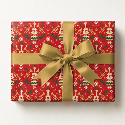 Ugly Sweater Band Icons Wrapping Paper, a gift box wrapped in it and tied with a satin ribbon