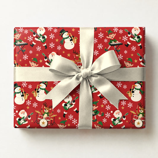 Santa's Band Christmas Wrapping Paper, a gift box wrapped in it and tied with a satin ribbon