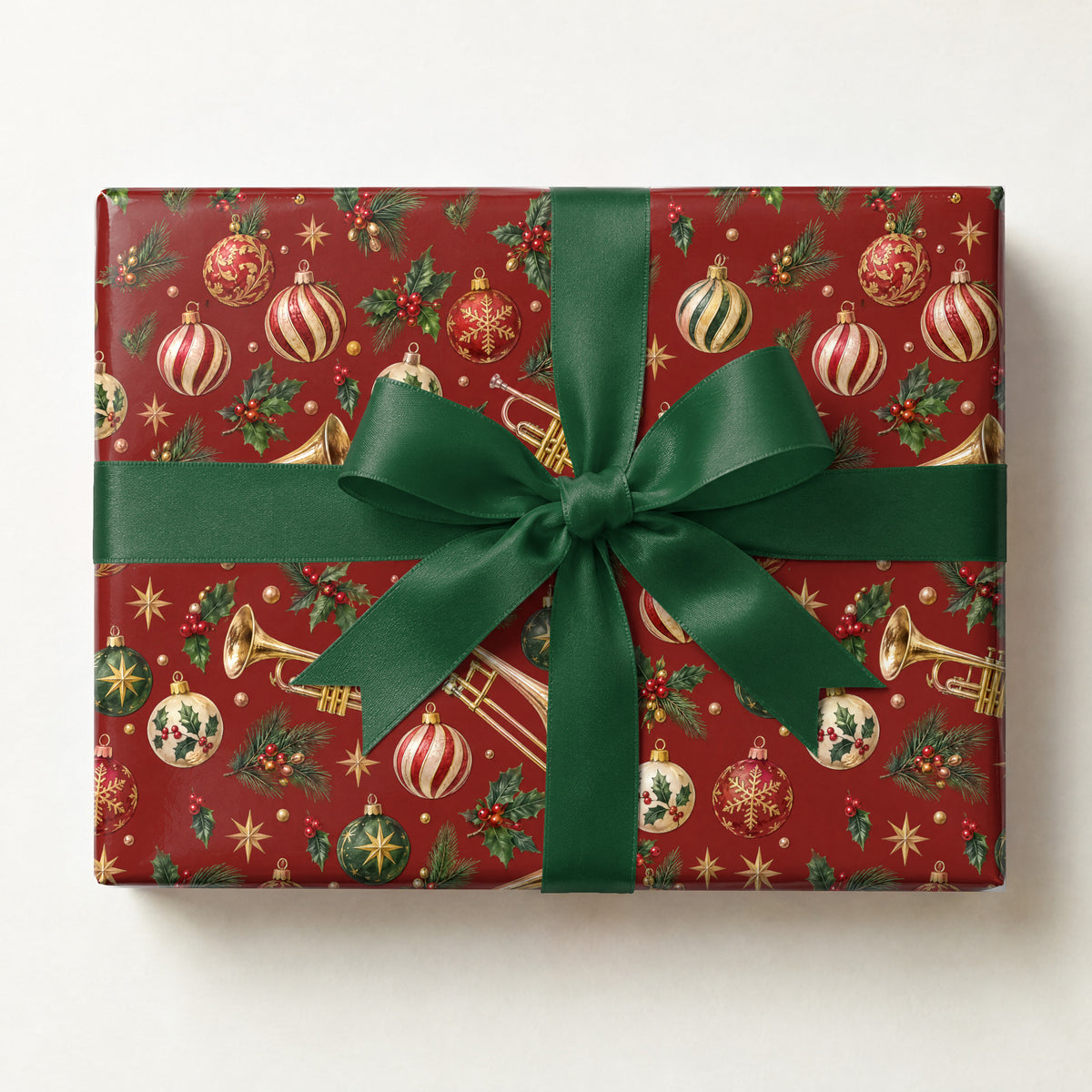 Brass and Baubles Wrapping Paper, a gift box wrapped in it and tied with a satin ribbon