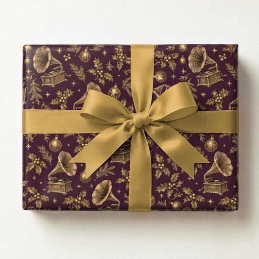 Golden Gramophone Victorian Wrapping Paper, a gift box wrapped in it and tied with a satin ribbon
