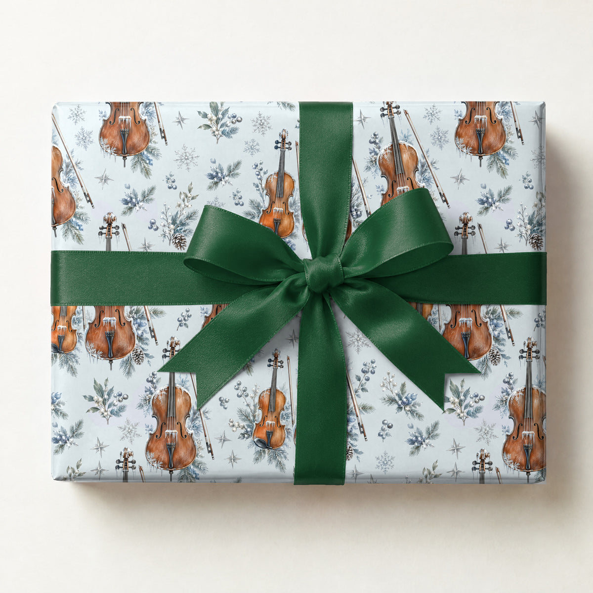 Wintry Strings Frost Wrapping Paper, a gift box wrapped in it and tied with a satin ribbon
