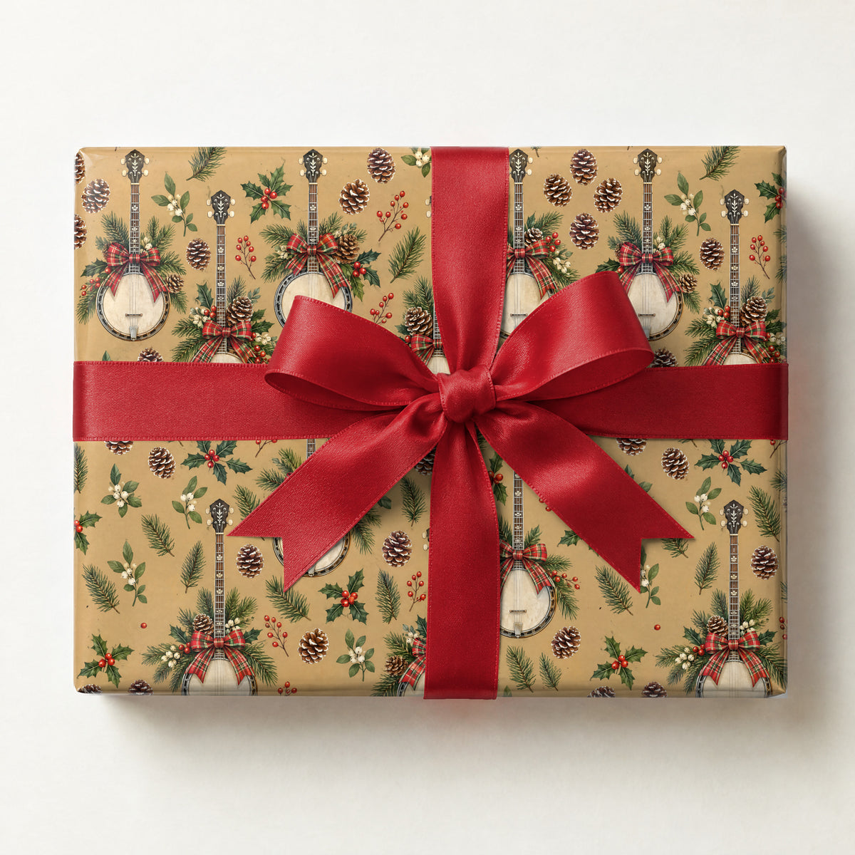 Cabin Banjo Pinecones Wrapping Paper, a gift box wrapped in it and tied with a satin ribbon