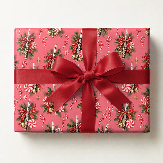 Peppermint Piccolo Swirl Wrapping Paper, a gift box wrapped in it and tied with a satin ribbon