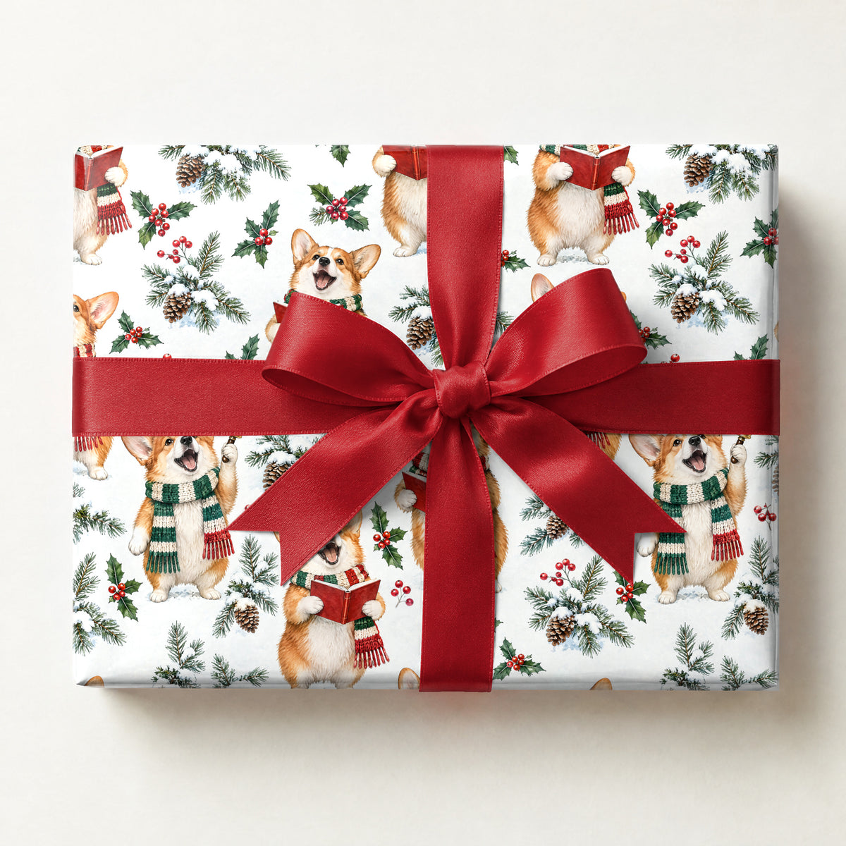 Corgi Carolers Wrapping Paper, a gift box wrapped in it and tied with a satin ribbon