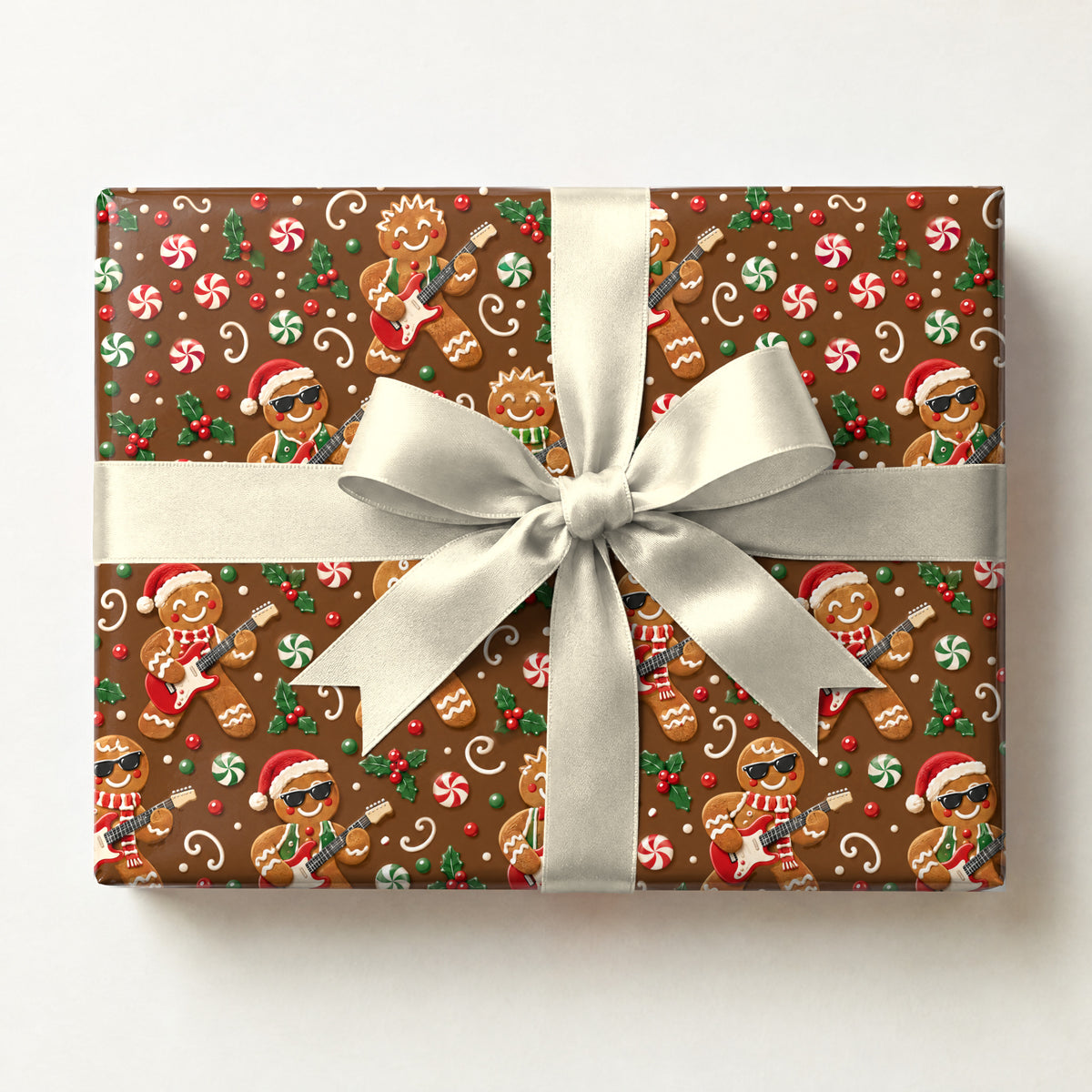 Gingerbread Rockstar Wrapping Paper, a gift box wrapped in it and tied with a satin ribbon