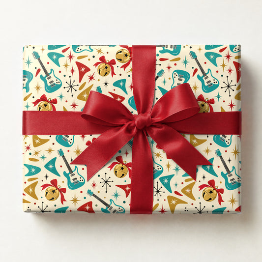 Jingle Bell Rock Retro Wrapping Paper, a gift box wrapped in it and tied with a satin ribbon