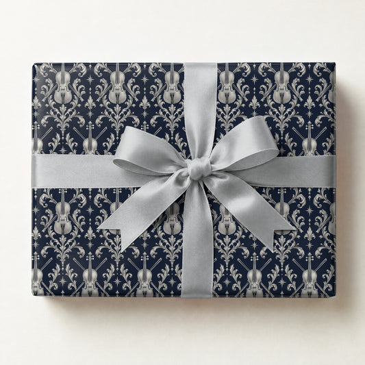 Midnight Violin Filigree Wrapping Paper, a gift box wrapped in it and tied with a satin ribbon