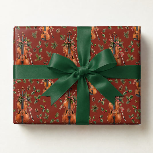 Fireside Fiddle Plaid Wrapping Paper, a gift box wrapped in it and tied with a satin ribbon