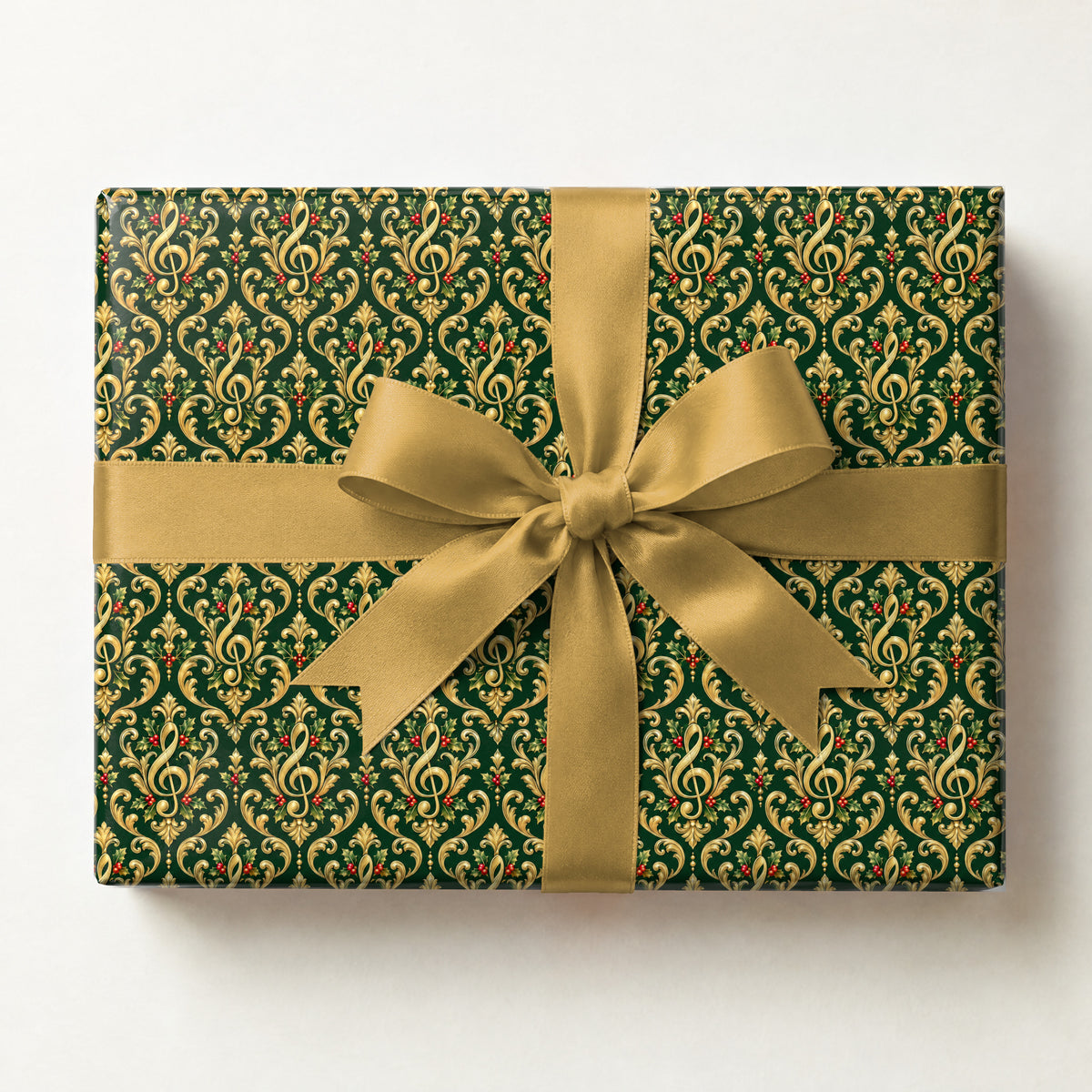 Gilded Treble Damask Wrapping Paper, a gift box wrapped in it and tied with a satin ribbon