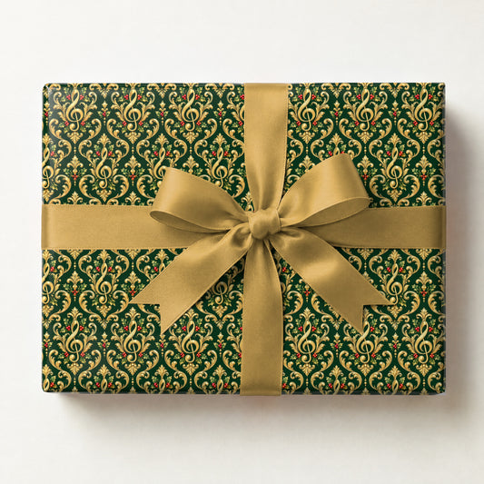 Gilded Treble Damask Wrapping Paper, a gift box wrapped in it and tied with a satin ribbon