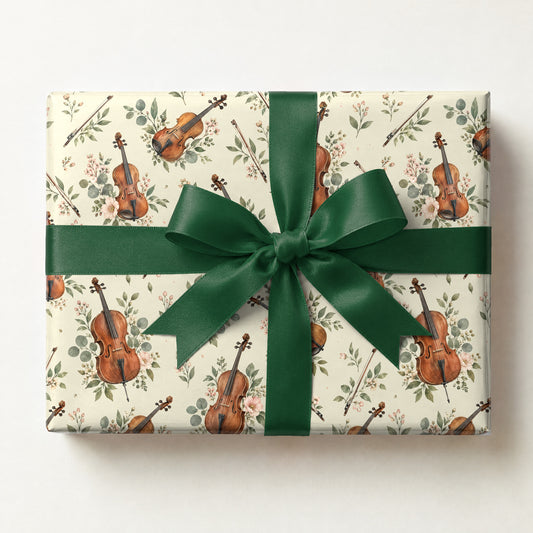 Watercolor Violin Wrapping Paper, a gift box wrapped in it and tied with a satin ribbon