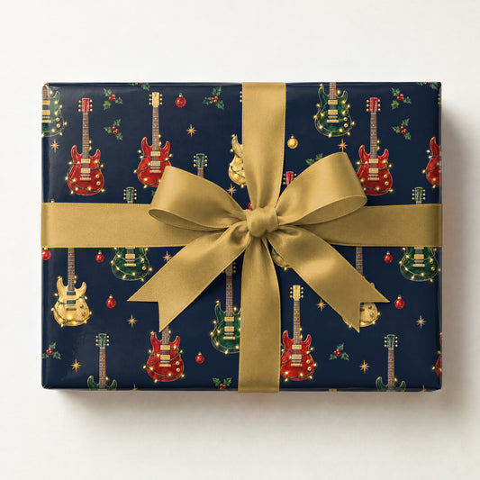 Electric Guitar String Lights Wrapping Paper, a gift box wrapped in it and tied with a satin ribbon