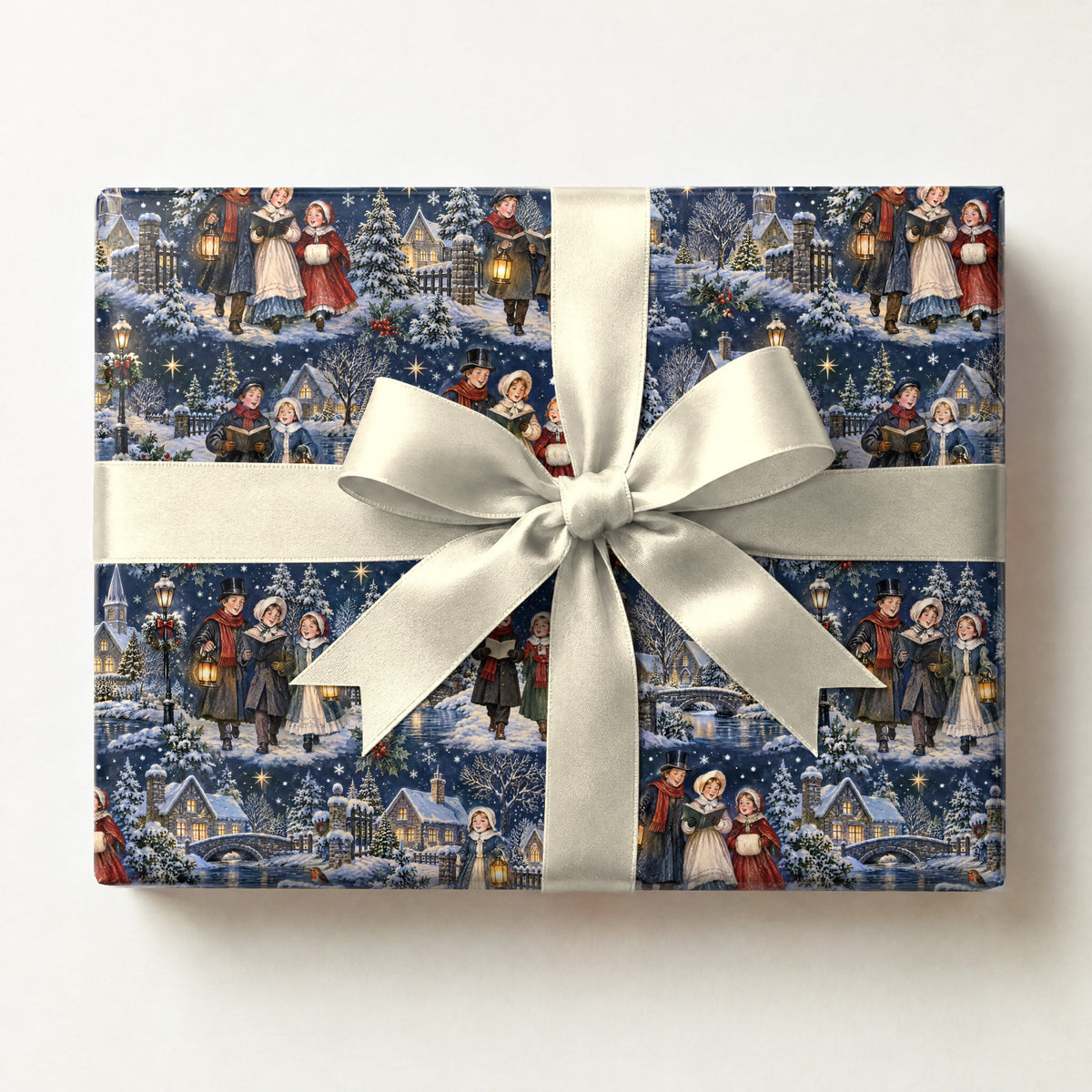 Carolers Lantern Walk Wrapping Paper, a gift box wrapped in it and tied with a satin ribbon