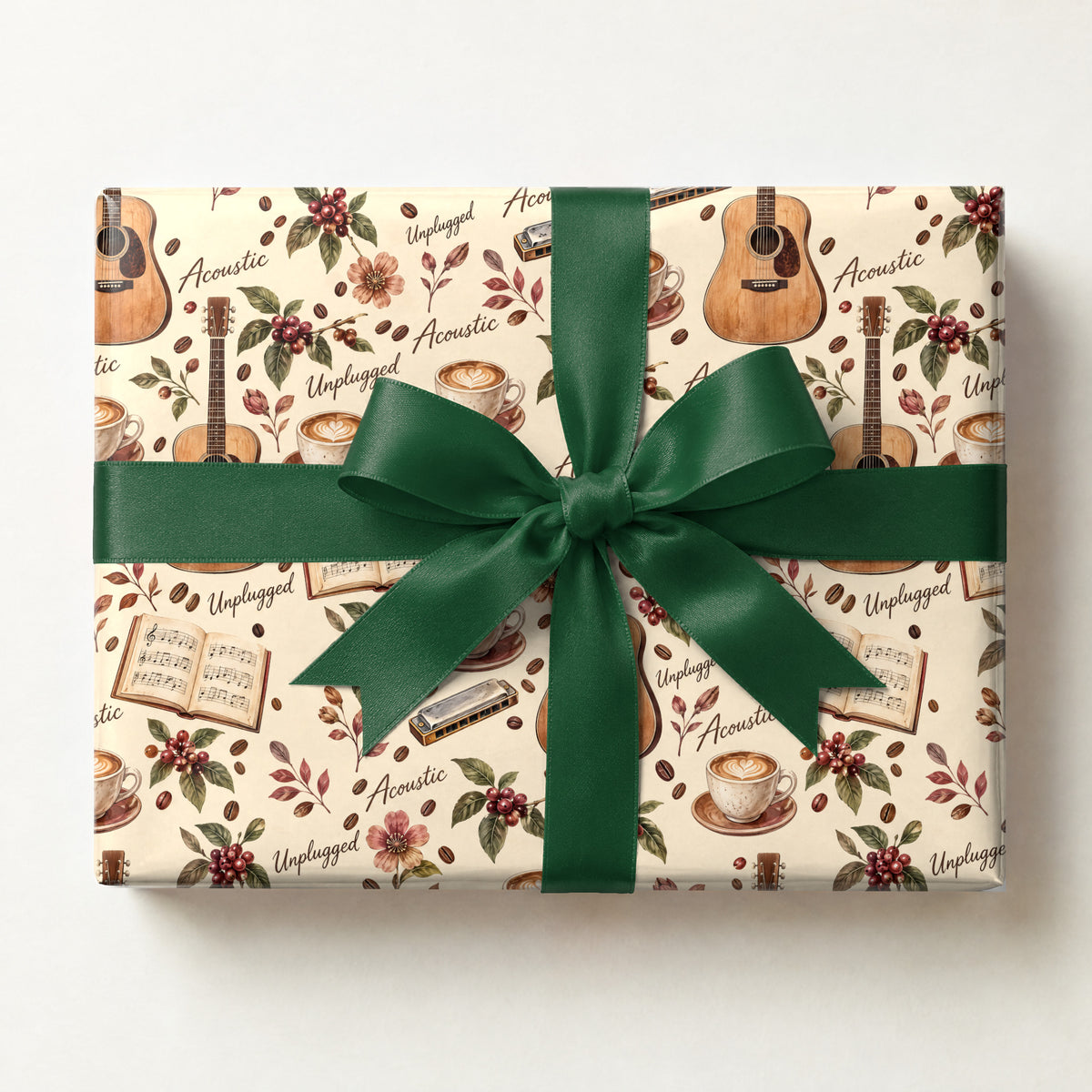 Acoustic Indie Coffeehouse Wrapping Paper, a gift box wrapped in it and tied with a satin ribbon