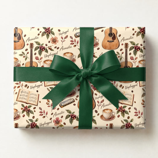 Acoustic Indie Coffeehouse Wrapping Paper, a gift box wrapped in it and tied with a satin ribbon