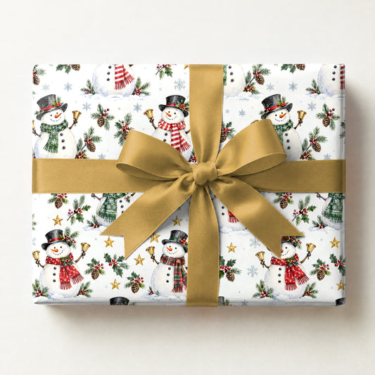 Snowman Bell Choir Wrapping Paper, a gift box wrapped in it and tied with a satin ribbon