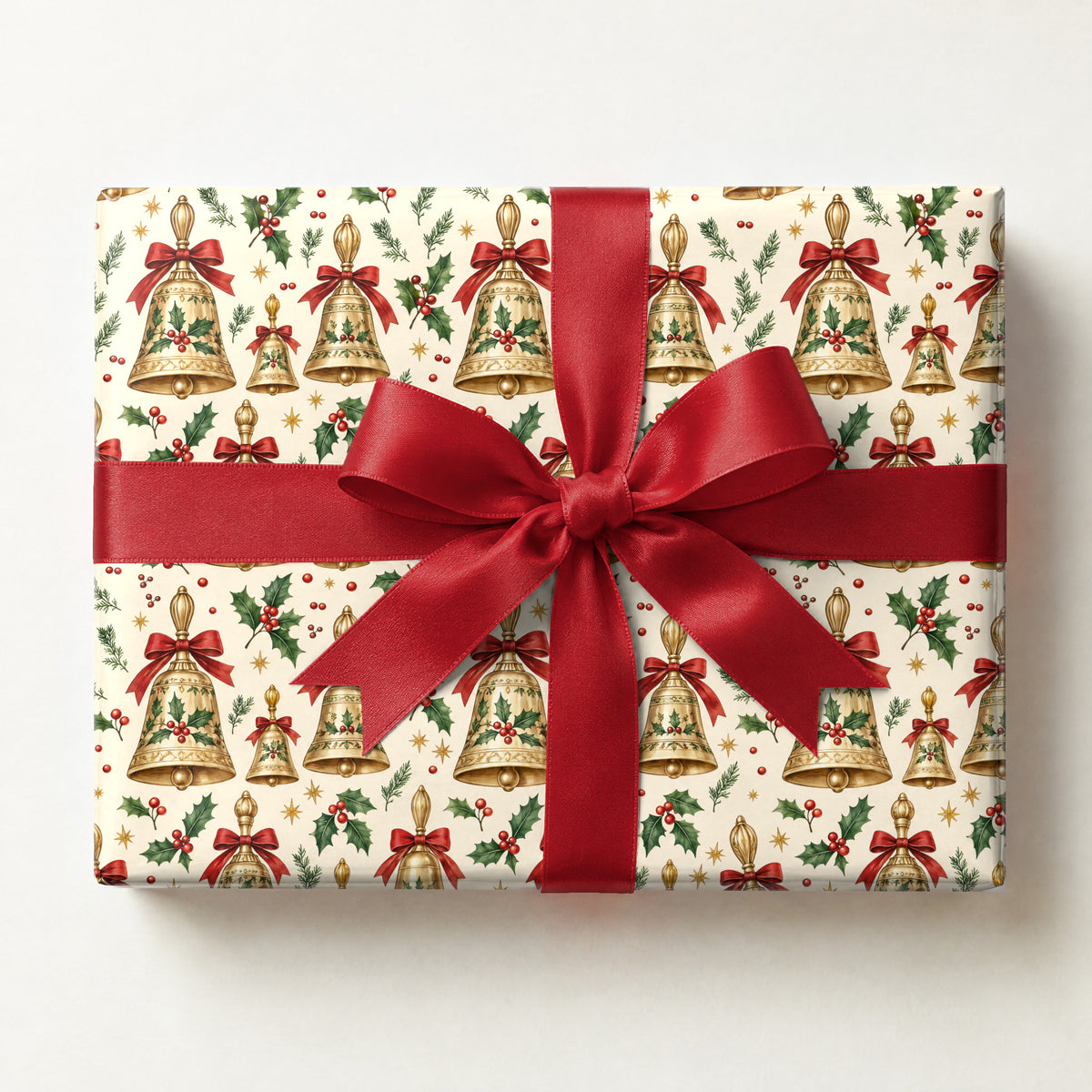 Bell Choir Holly Wrapping Paper, a gift box wrapped in it and tied with a satin ribbon