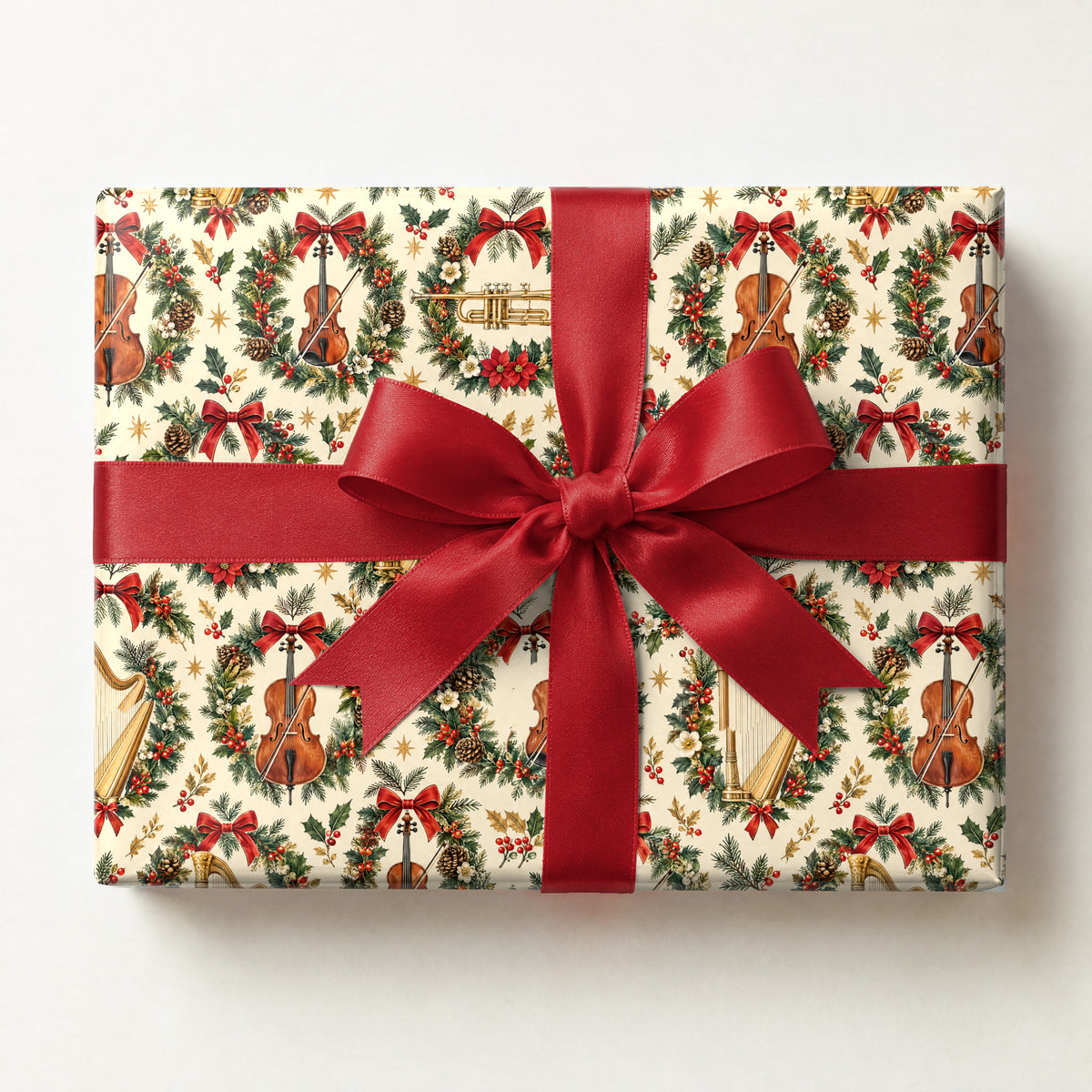 Holiday Pops Orchestra Wrapping Paper, a gift box wrapped in it and tied with a satin ribbon
